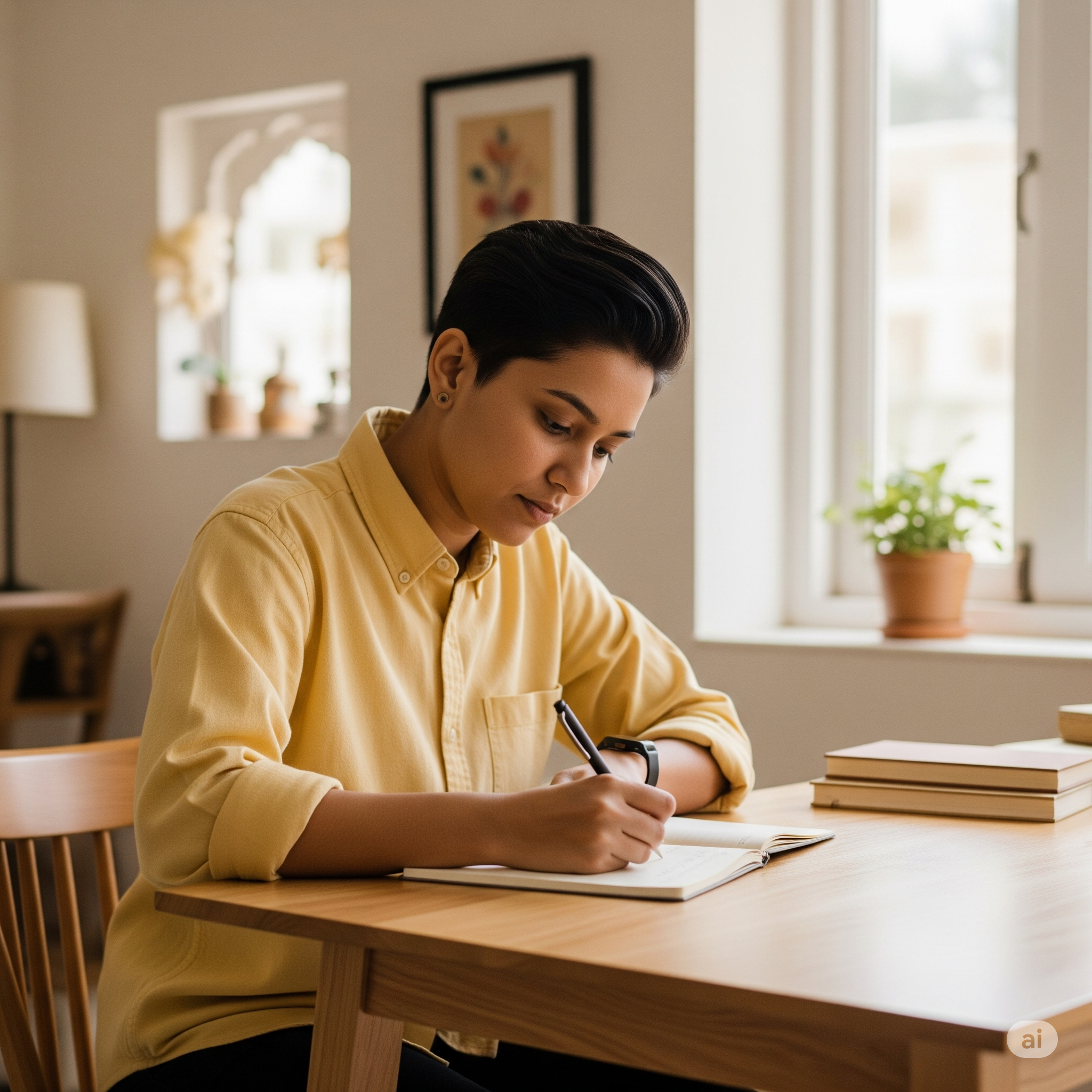 Person comfortably writing at home